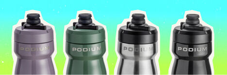 Four podium steel bottles with a colorful background.
